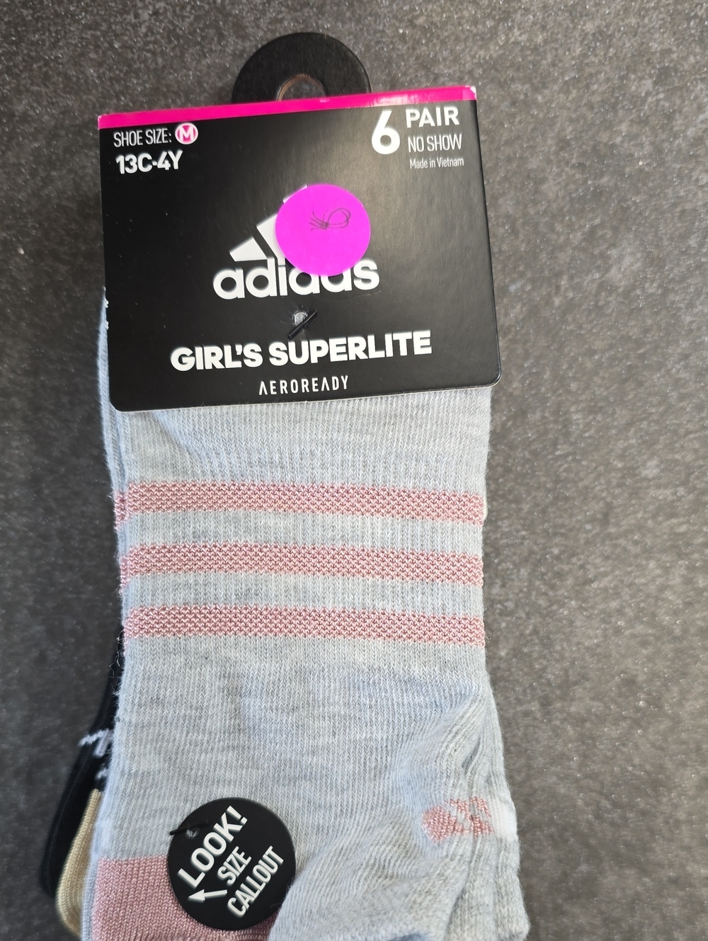 adidas Girls' Superlite No-Show Socks in Light Gray with Pink Stripes